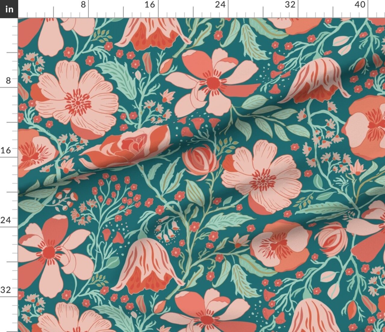 Coral Chintz Blue Green Pink Jumbo Scale Magnolia Flower Botanical Garden Custom Printed Fabric by Spoonflower Various Fabrics by the Yard or Fat Quarter